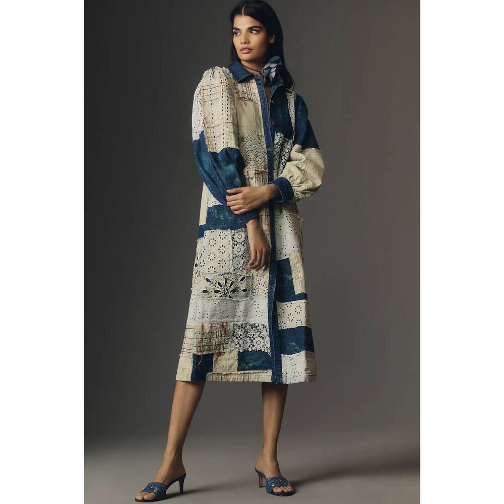 New  Anthropologie Let Me Be Denim Patchwork Shirt Dress Duster Blue Motif Xs
